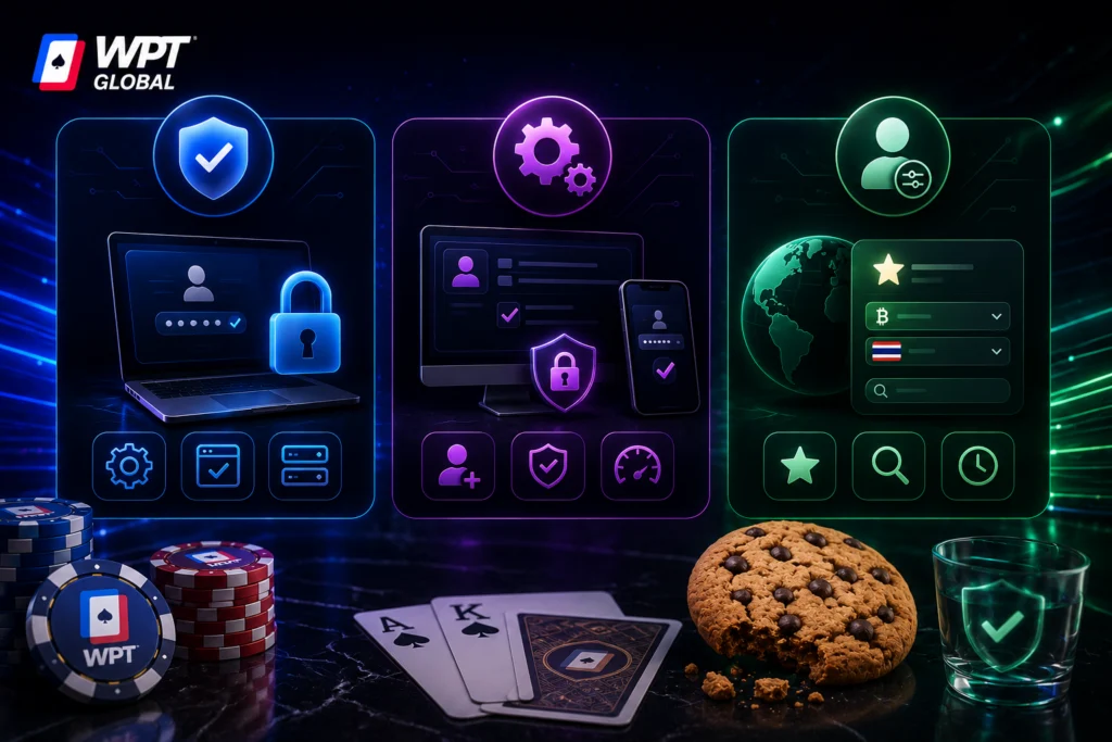 Types of cookies used on WPT Global: required, technical, functional